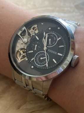 Fossil Skeleton Dial Watch Stainless Steel Mens 7.5” Wrist Open Heart